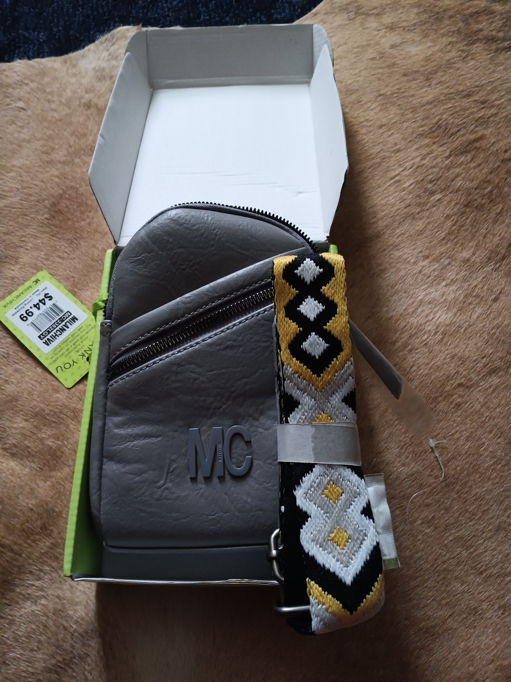 Gray Crossbody Bag with Decorative Yellow & Black Strap